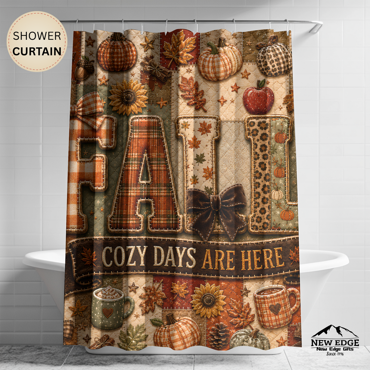 Fall Faux Patchwork Shower Curtain Cozy Days Are Here Pumpkins Autumn Leaves Rustic Farmhouse Bathroom Decor