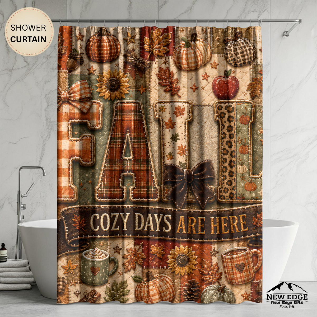 Fall Faux Patchwork Shower Curtain Cozy Days Are Here Pumpkins Autumn Leaves Rustic Farmhouse Bathroom Decor