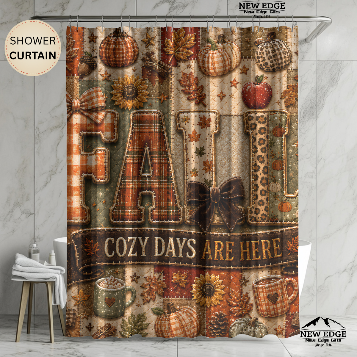 Fall Faux Patchwork Shower Curtain Cozy Days Are Here Pumpkins Autumn Leaves Rustic Farmhouse Bathroom Decor