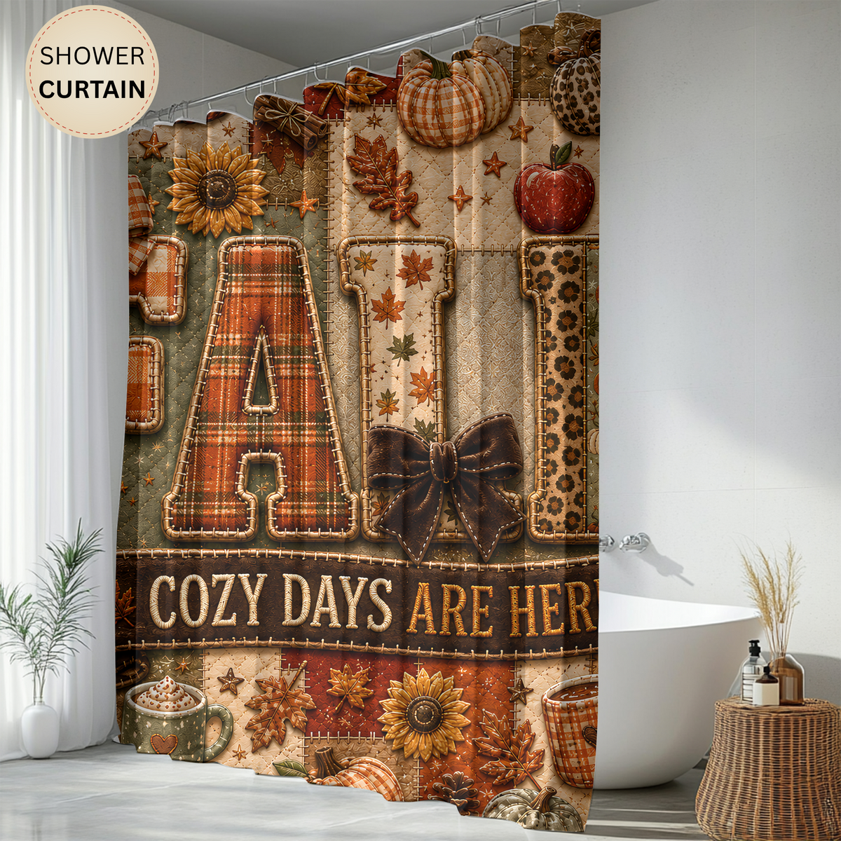 Fall Faux Patchwork Shower Curtain Cozy Days Are Here Pumpkins Autumn Leaves Rustic Farmhouse Bathroom Decor