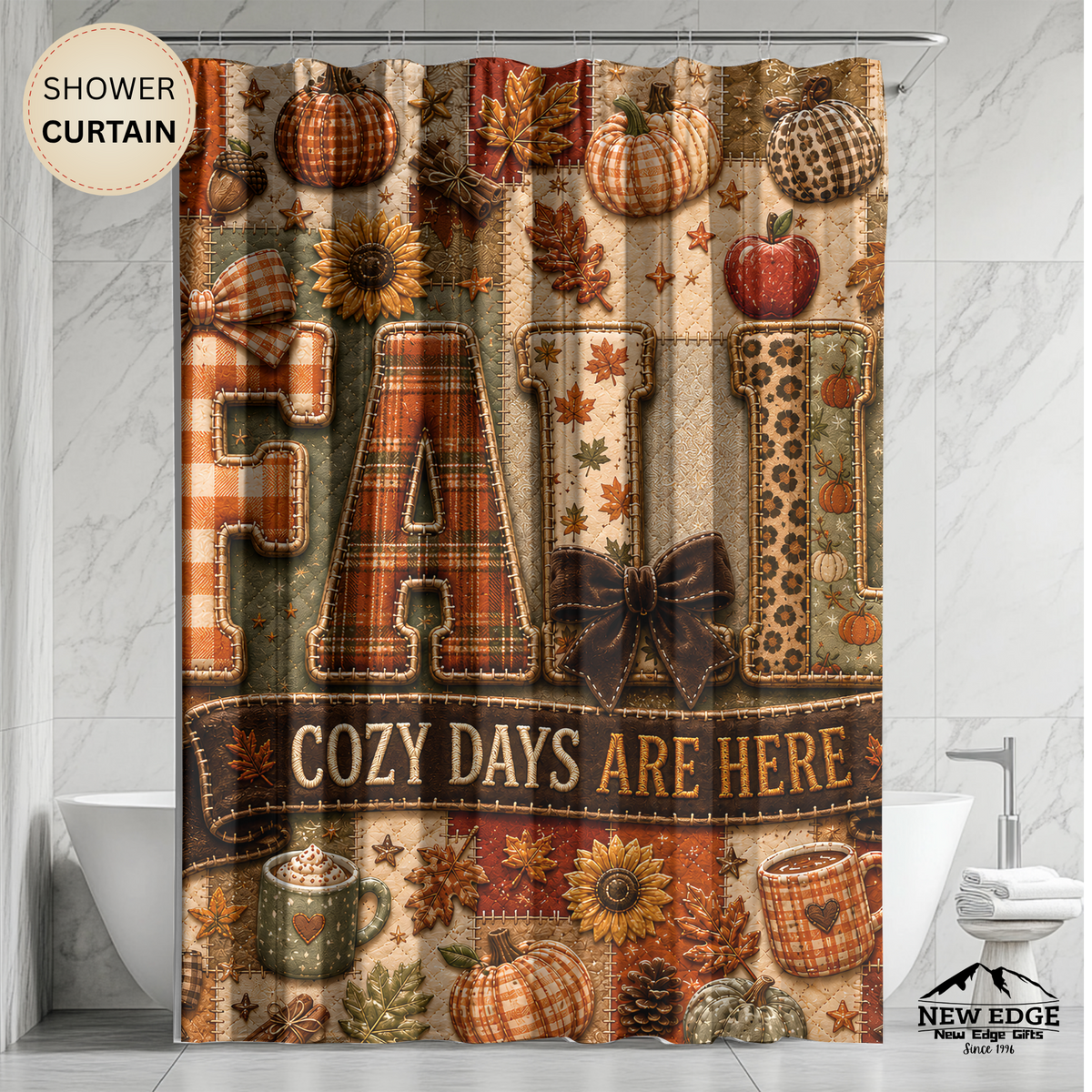 Fall Faux Patchwork Shower Curtain Cozy Days Are Here Pumpkins Autumn Leaves Rustic Farmhouse Bathroom Decor