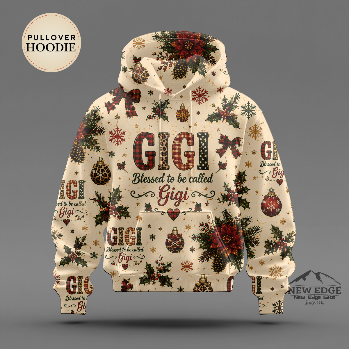 Gigi Christmas Hoodie, Blessed to Be Called Gigi, Poinsettia Plaid Leopard All Over Print Pullover