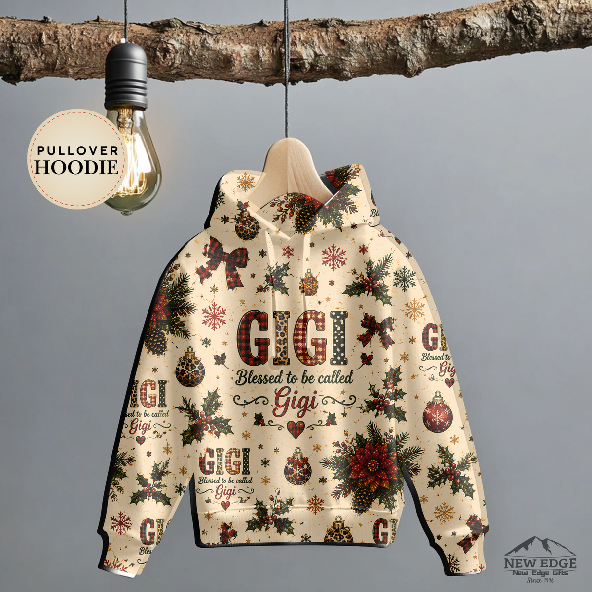 Gigi Christmas Hoodie, Blessed to Be Called Gigi, Poinsettia Plaid Leopard All Over Print Pullover