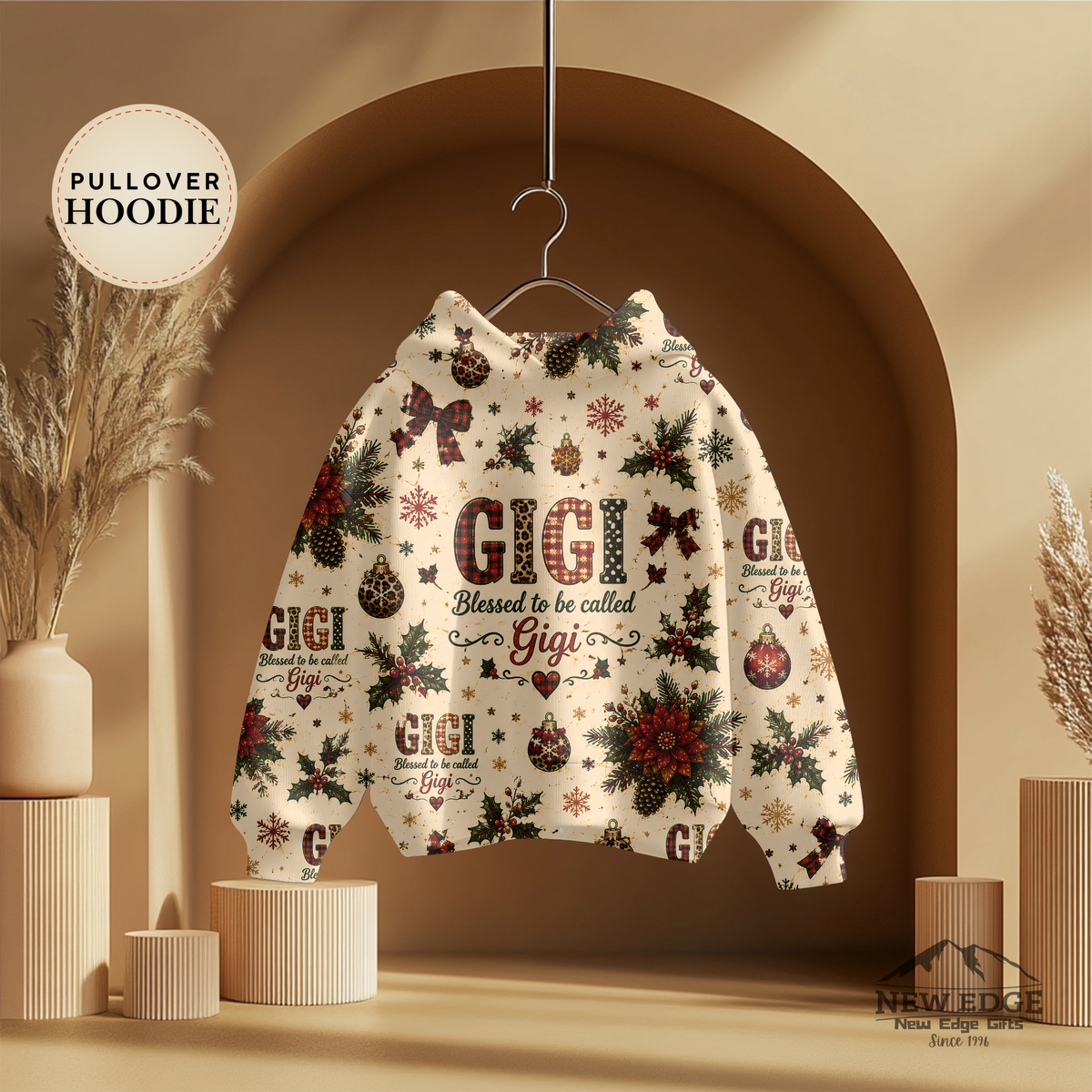 Gigi Christmas Hoodie, Blessed to Be Called Gigi, Poinsettia Plaid Leopard All Over Print Pullover