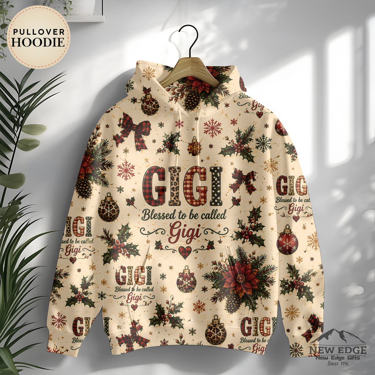 Gigi Christmas Hoodie, Blessed to Be Called Gigi, Poinsettia Plaid Leopard All Over Print Pullover