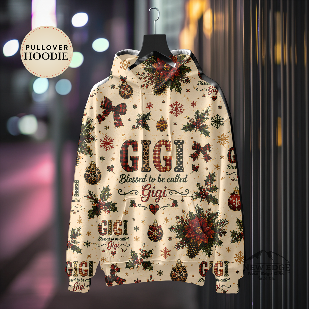 Gigi Christmas Hoodie, Blessed to Be Called Gigi, Poinsettia Plaid Leopard All Over Print Pullover