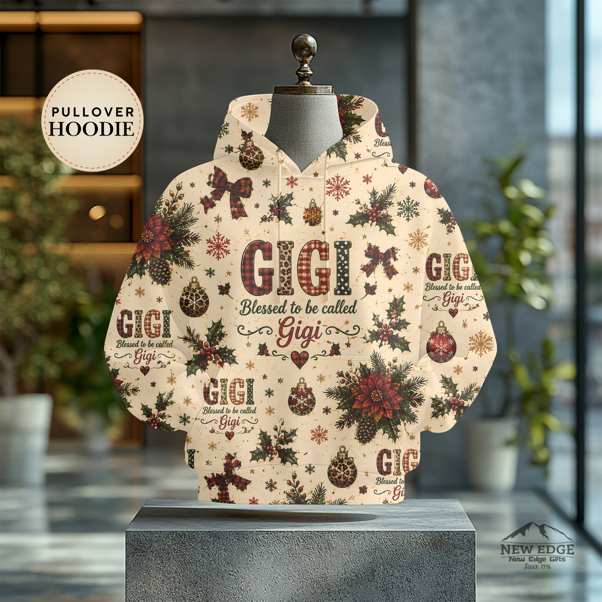 Gigi Christmas Hoodie, Blessed to Be Called Gigi, Poinsettia Plaid Leopard All Over Print Pullover