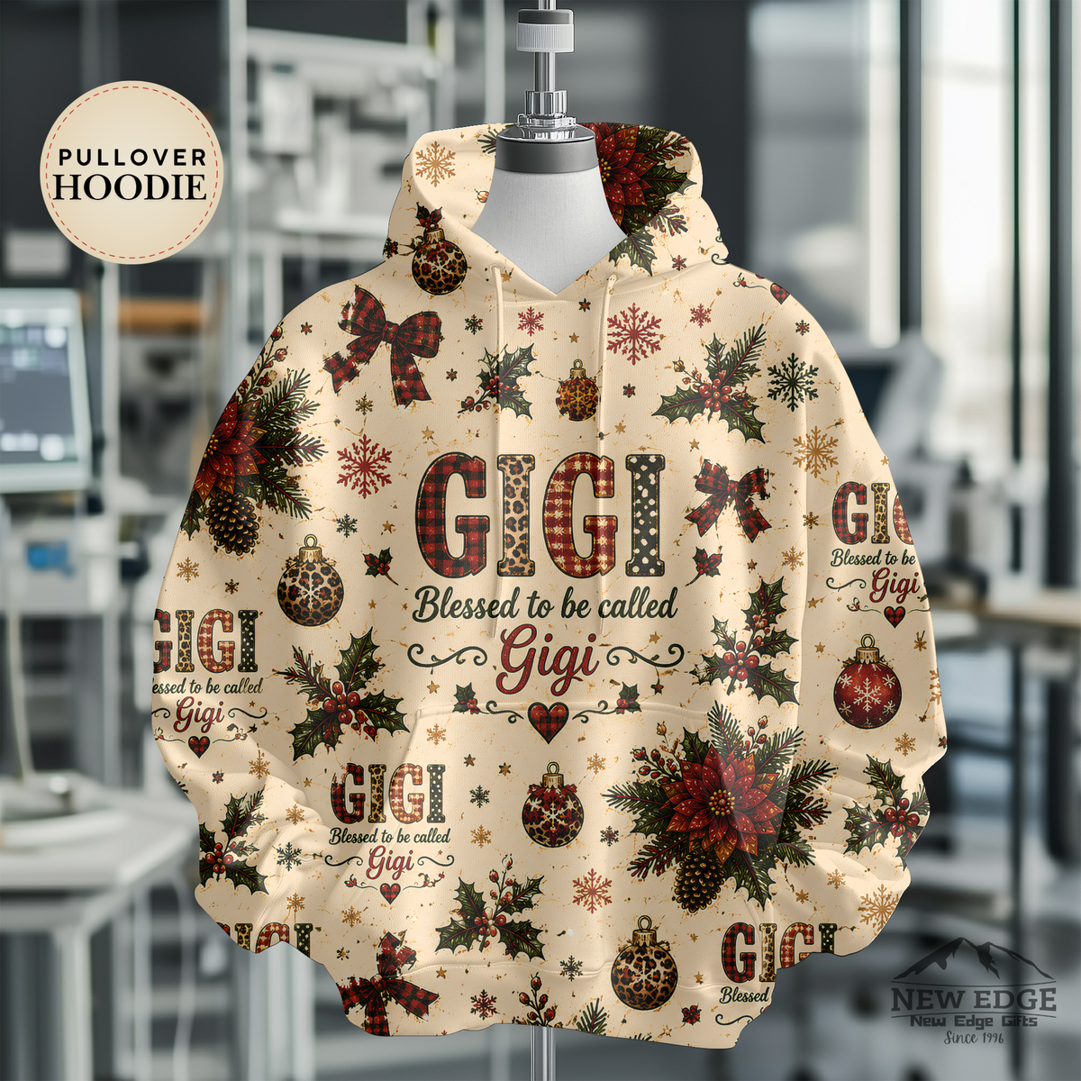 Gigi Christmas Hoodie, Blessed to Be Called Gigi, Poinsettia Plaid Leopard All Over Print Pullover