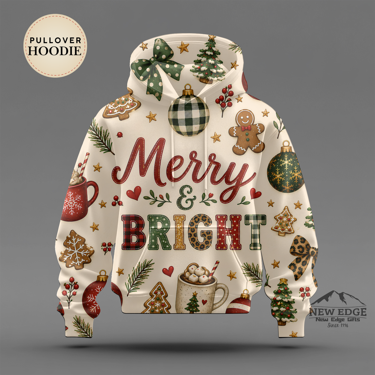 Merry and Bright Christmas AOP Hoodie, Buffalo Plaid Leopard Print Holiday Pullover, Rustic Festive Winter Sweatshirt