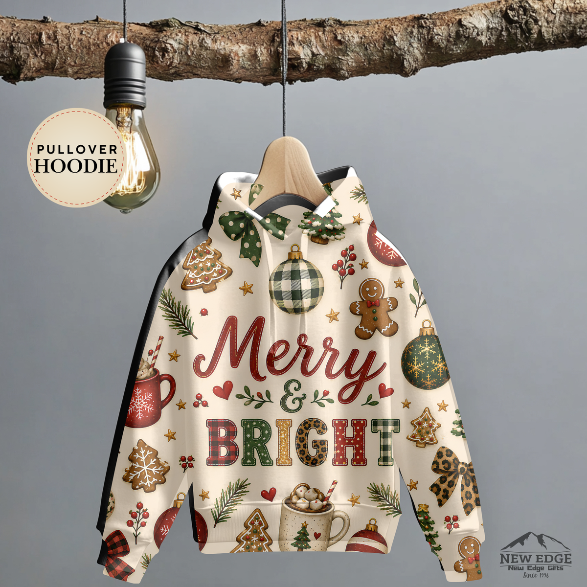 Merry and Bright Christmas AOP Hoodie, Buffalo Plaid Leopard Print Holiday Pullover, Rustic Festive Winter Sweatshirt