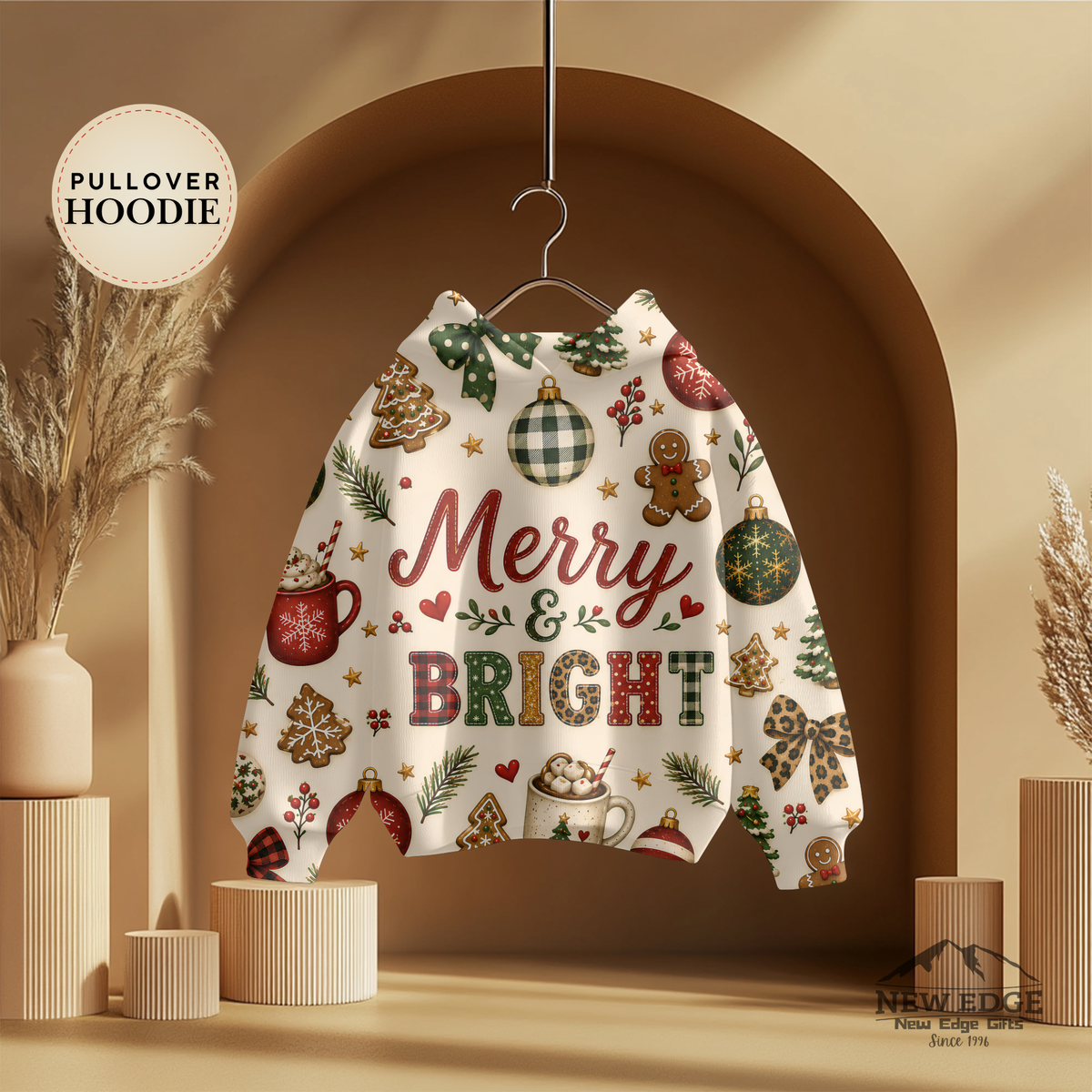 Merry and Bright Christmas AOP Hoodie, Buffalo Plaid Leopard Print Holiday Pullover, Rustic Festive Winter Sweatshirt