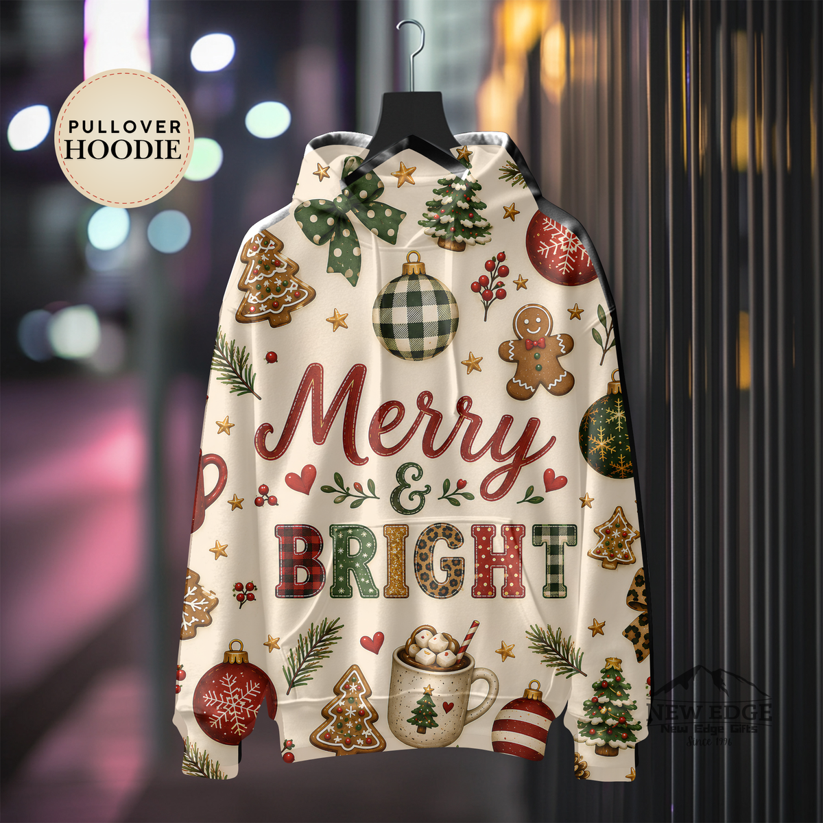 Merry and Bright Christmas AOP Hoodie, Buffalo Plaid Leopard Print Holiday Pullover, Rustic Festive Winter Sweatshirt