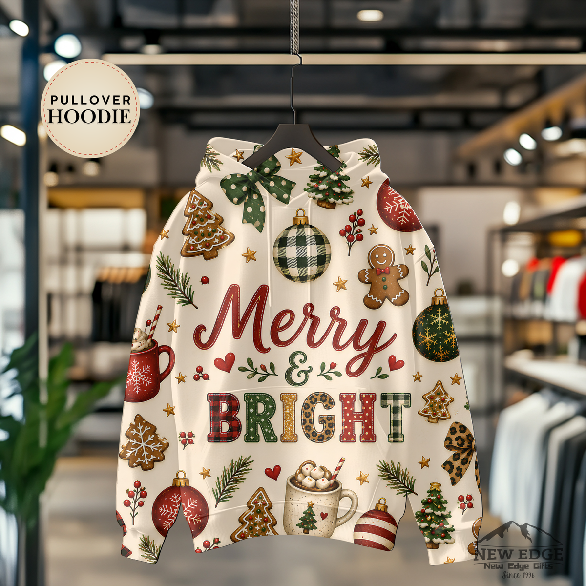 Merry and Bright Christmas AOP Hoodie, Buffalo Plaid Leopard Print Holiday Pullover, Rustic Festive Winter Sweatshirt