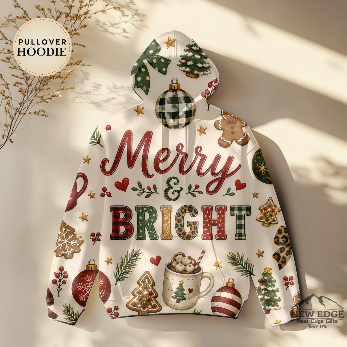 Merry and Bright Christmas AOP Hoodie, Buffalo Plaid Leopard Print Holiday Pullover, Rustic Festive Winter Sweatshirt