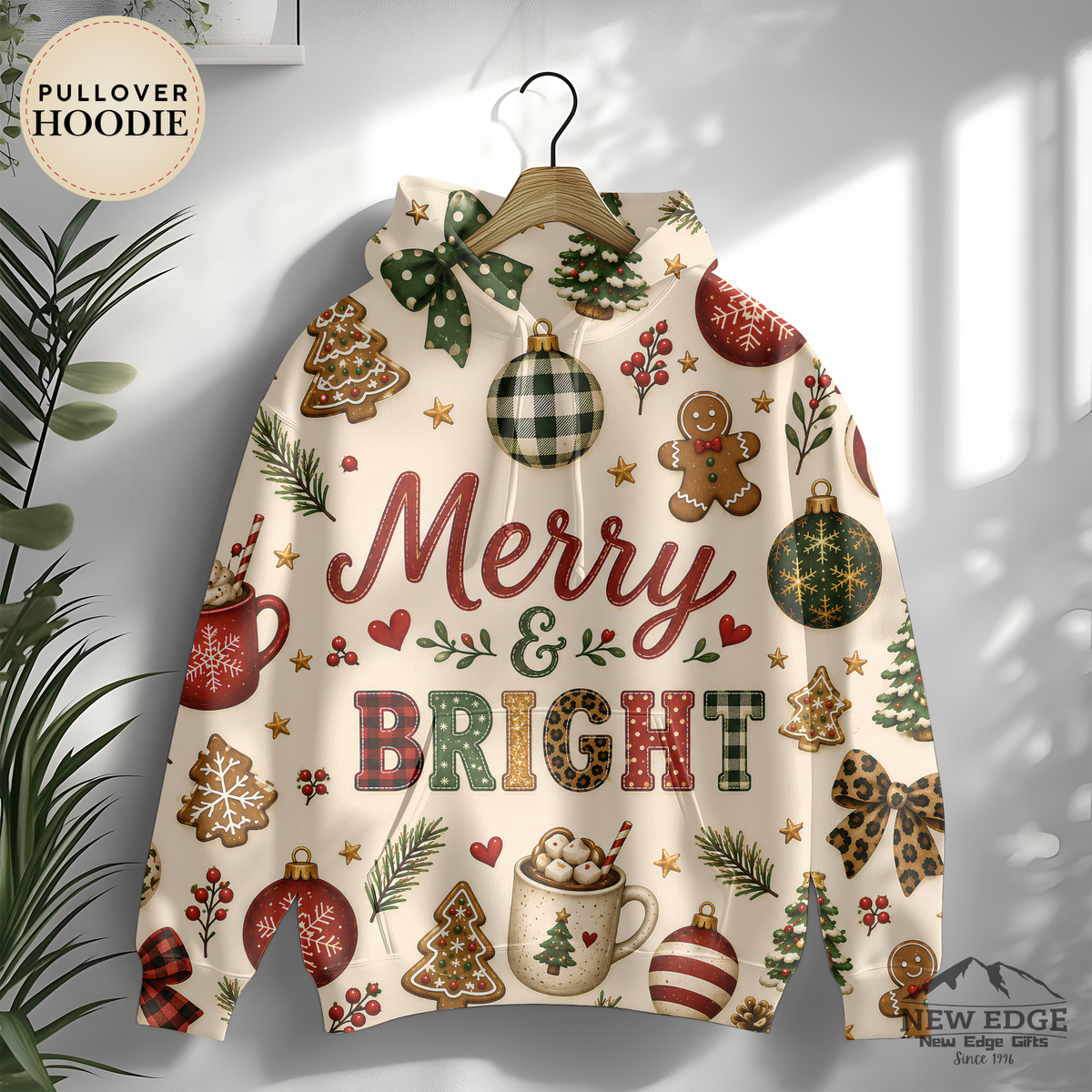 Merry and Bright Christmas AOP Hoodie, Buffalo Plaid Leopard Print Holiday Pullover, Rustic Festive Winter Sweatshirt