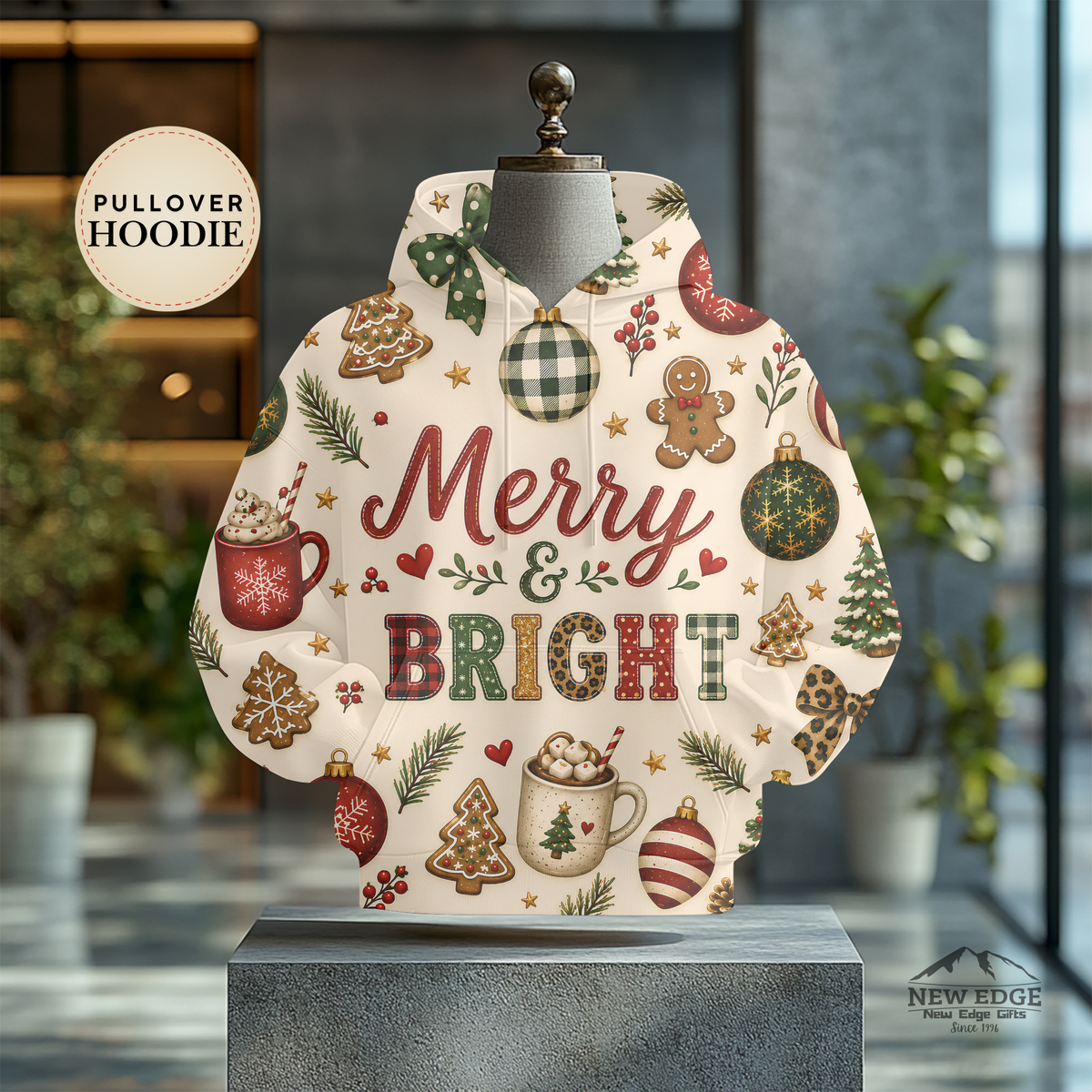 Merry and Bright Christmas AOP Hoodie, Buffalo Plaid Leopard Print Holiday Pullover, Rustic Festive Winter Sweatshirt