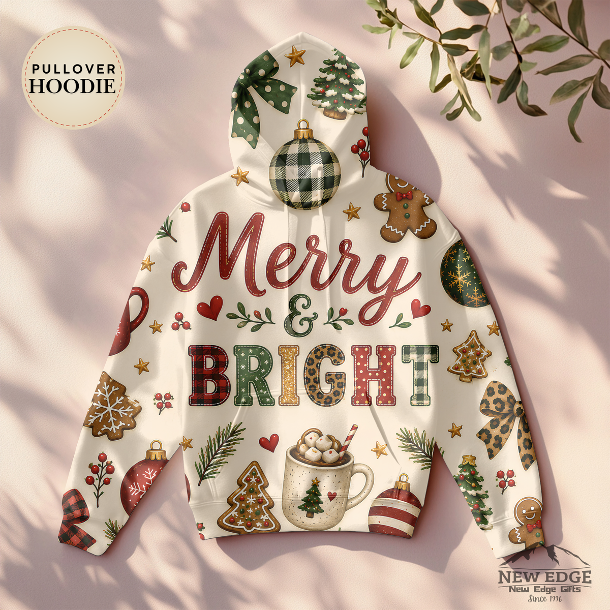 Merry and Bright Christmas AOP Hoodie, Buffalo Plaid Leopard Print Holiday Pullover, Rustic Festive Winter Sweatshirt