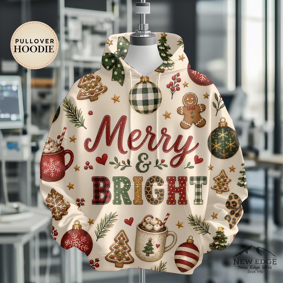 Merry and Bright Christmas AOP Hoodie, Buffalo Plaid Leopard Print Holiday Pullover, Rustic Festive Winter Sweatshirt