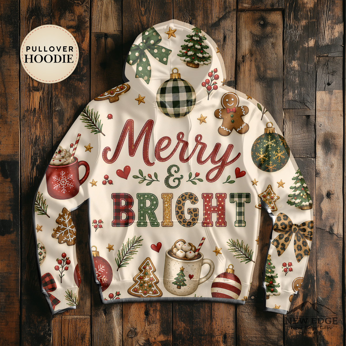Merry and Bright Christmas AOP Hoodie, Buffalo Plaid Leopard Print Holiday Pullover, Rustic Festive Winter Sweatshirt