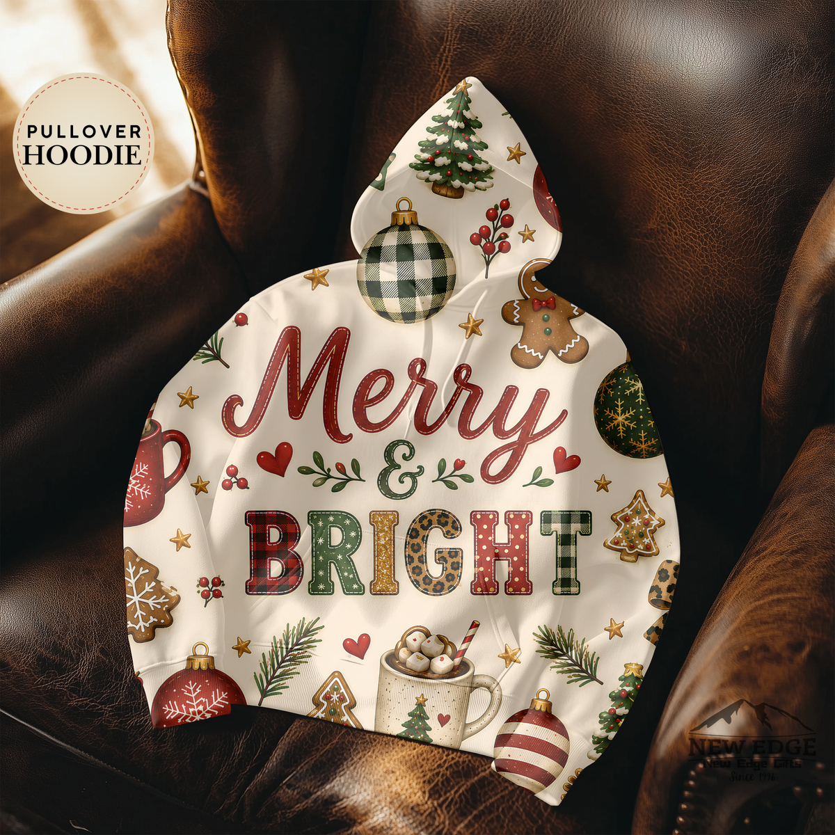 Merry and Bright Christmas AOP Hoodie, Buffalo Plaid Leopard Print Holiday Pullover, Rustic Festive Winter Sweatshirt