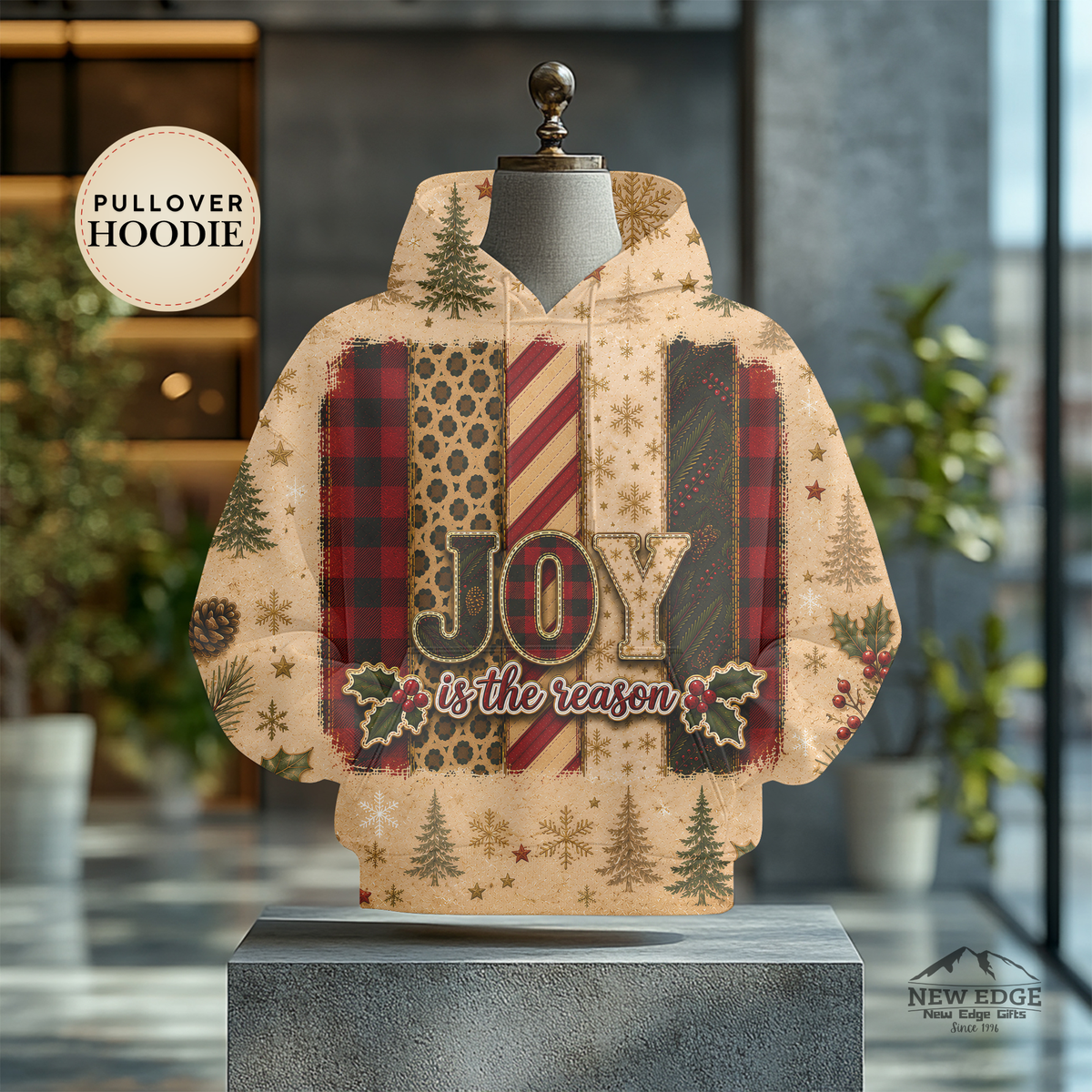 JOY Is the Reason Christmas Hoodie, Buffalo Plaid Leopard Print Rustic Holiday Unisex AOP Pullover, Christmas Gift