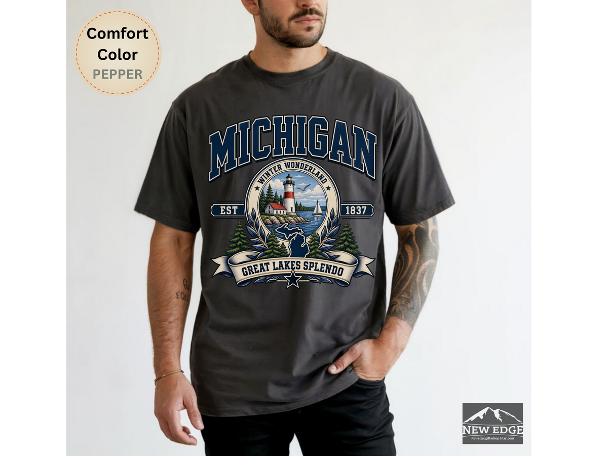 Michigan Great Lakes T-Shirt, Winter Wonderland Lighthouse Comfort Colors Shirt, Vintage Michigan State Pride Tee