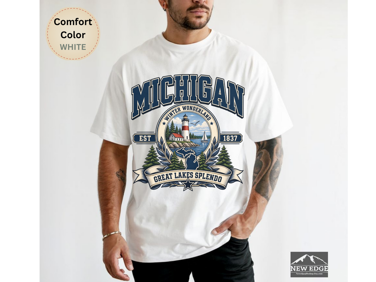 Michigan Great Lakes T-Shirt, Winter Wonderland Lighthouse Comfort Colors Shirt, Vintage Michigan State Pride Tee