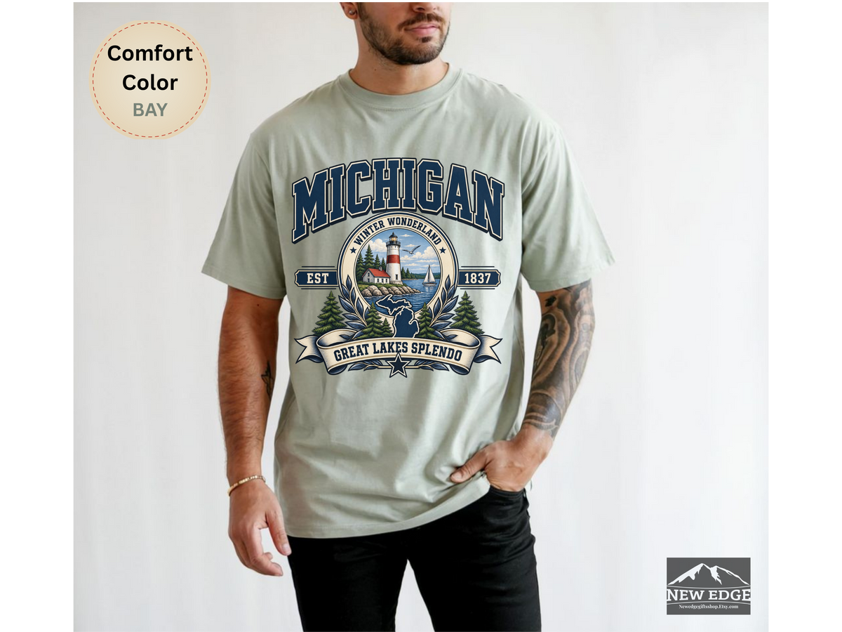 Michigan Great Lakes T-Shirt, Winter Wonderland Lighthouse Comfort Colors Shirt, Vintage Michigan State Pride Tee