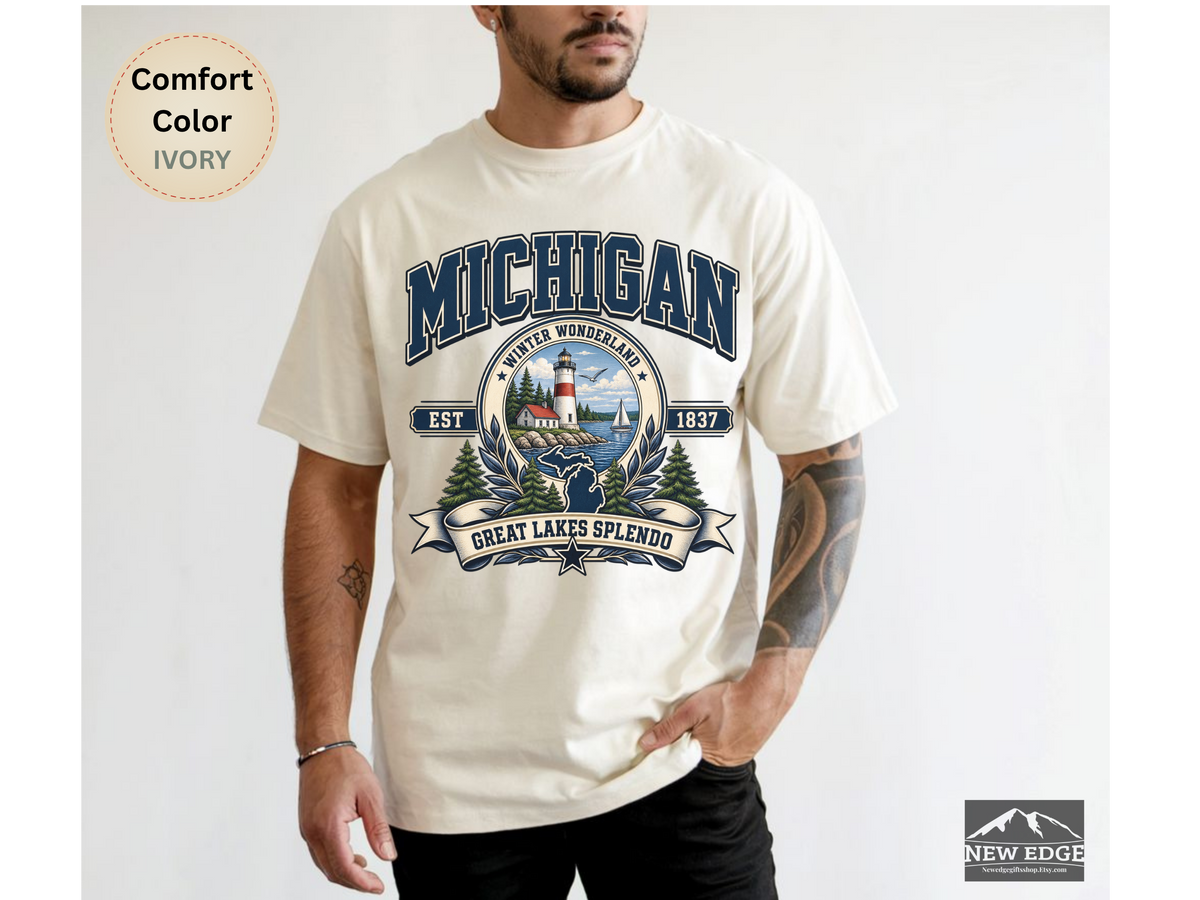 Michigan Great Lakes T-Shirt, Winter Wonderland Lighthouse Comfort Colors Shirt, Vintage Michigan State Pride Tee
