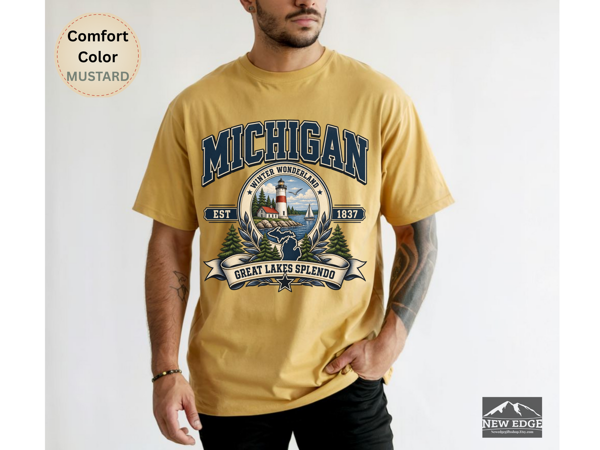 Michigan Great Lakes T-Shirt, Winter Wonderland Lighthouse Comfort Colors Shirt, Vintage Michigan State Pride Tee