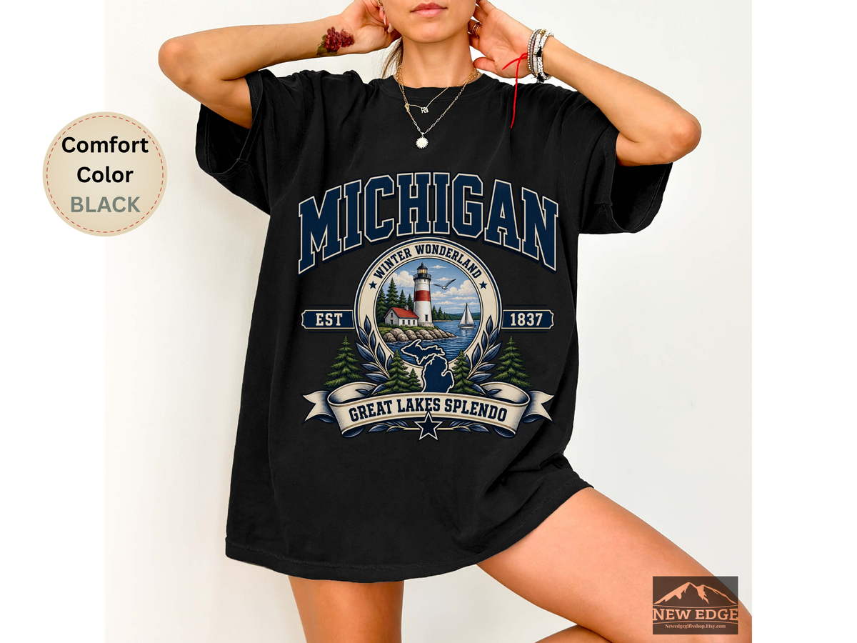 Michigan Great Lakes T-Shirt, Winter Wonderland Lighthouse Comfort Colors Shirt, Vintage Michigan State Pride Tee