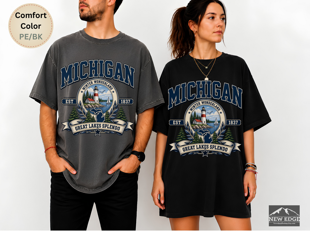 Michigan Great Lakes T-Shirt, Winter Wonderland Lighthouse Comfort Colors Shirt, Vintage Michigan State Pride Tee