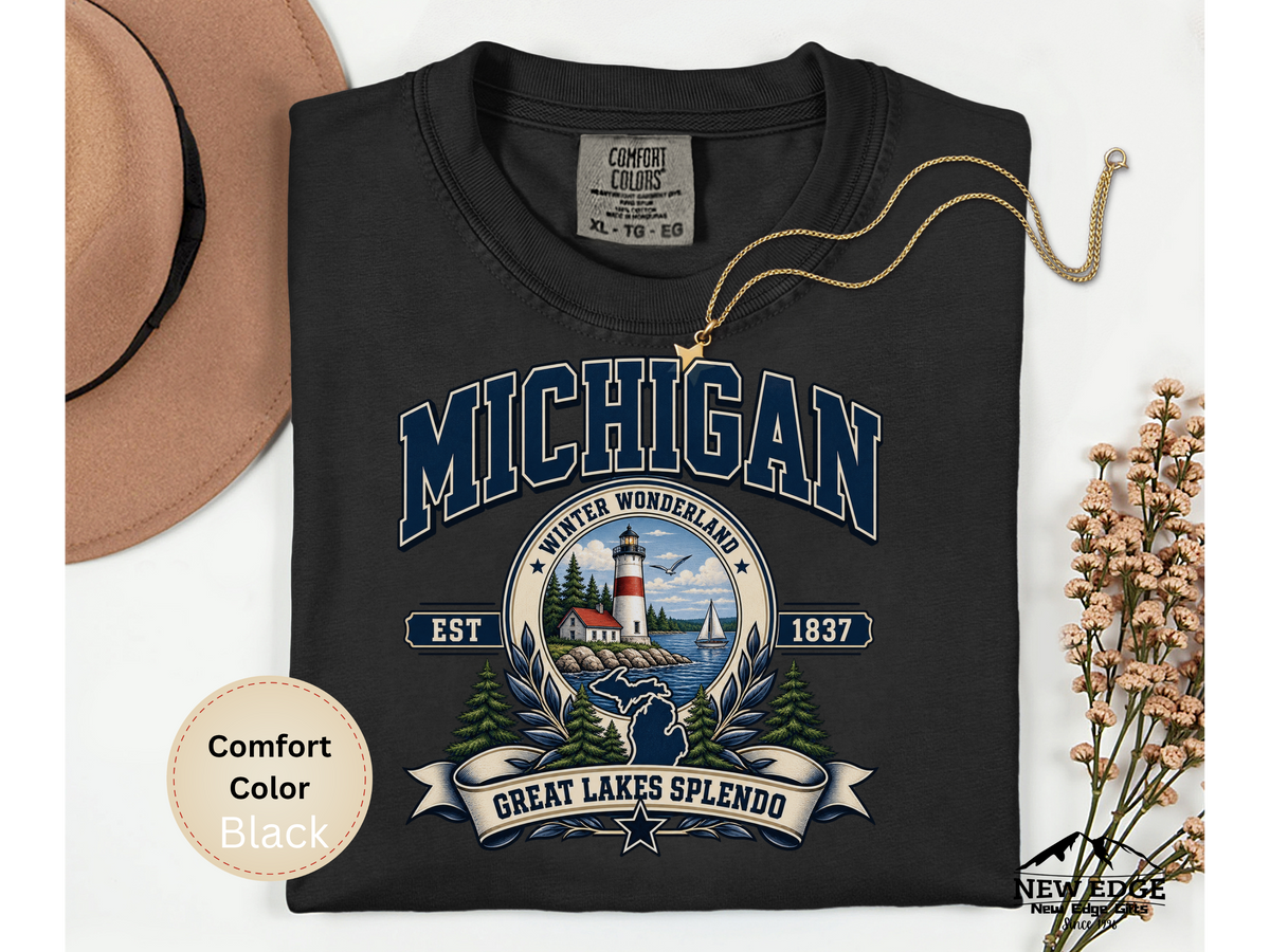 Michigan Great Lakes T-Shirt, Winter Wonderland Lighthouse Comfort Colors Shirt, Vintage Michigan State Pride Tee