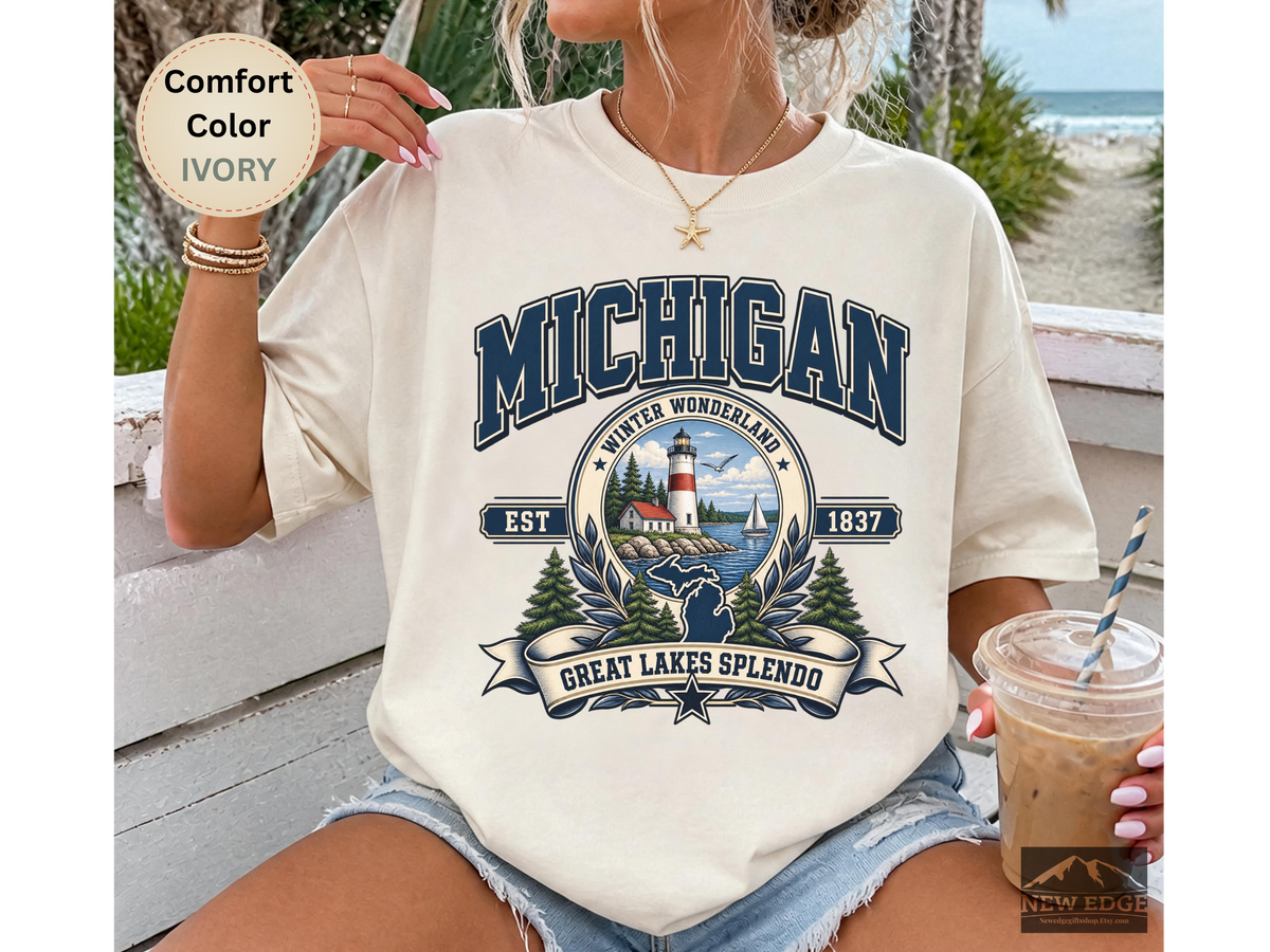 Michigan Great Lakes T-Shirt, Winter Wonderland Lighthouse Comfort Colors Shirt, Vintage Michigan State Pride Tee