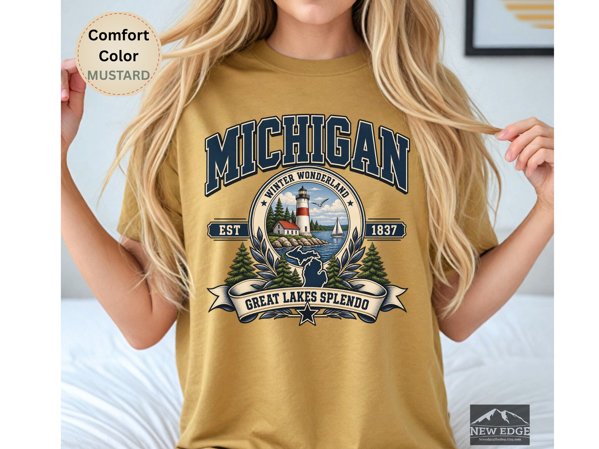 Michigan Great Lakes T-Shirt, Winter Wonderland Lighthouse Comfort Colors Shirt, Vintage Michigan State Pride Tee