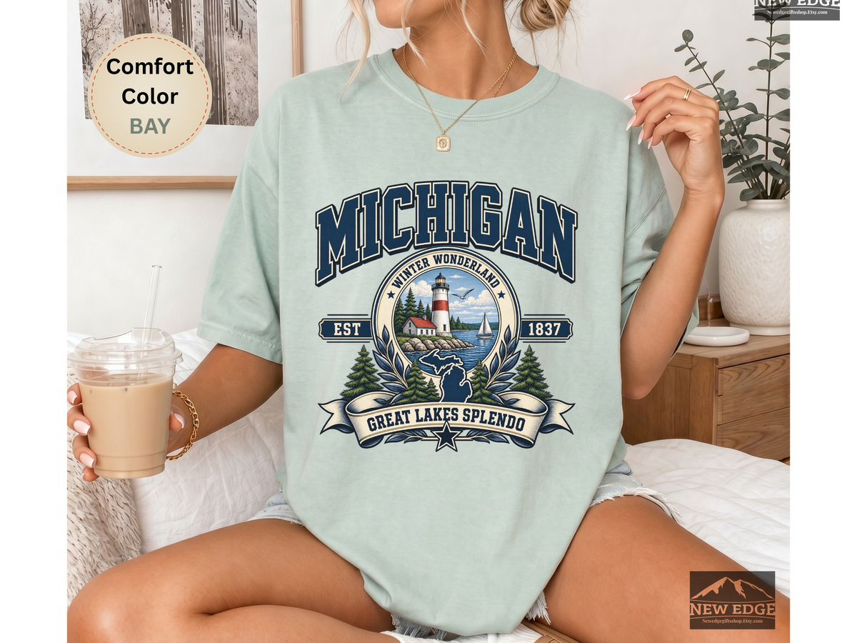 Michigan Great Lakes T-Shirt, Winter Wonderland Lighthouse Comfort Colors Shirt, Vintage Michigan State Pride Tee