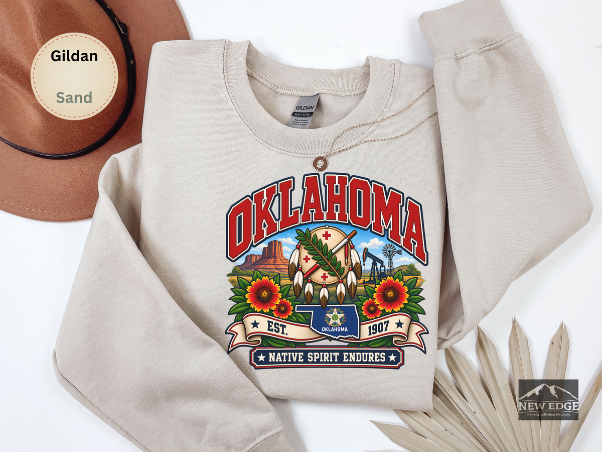 Oklahoma Prairie Pride Sweatshirt, Native Spirit Endures Vintage Gildan 18000, Gaillardia Flower State Heritage Crewneck