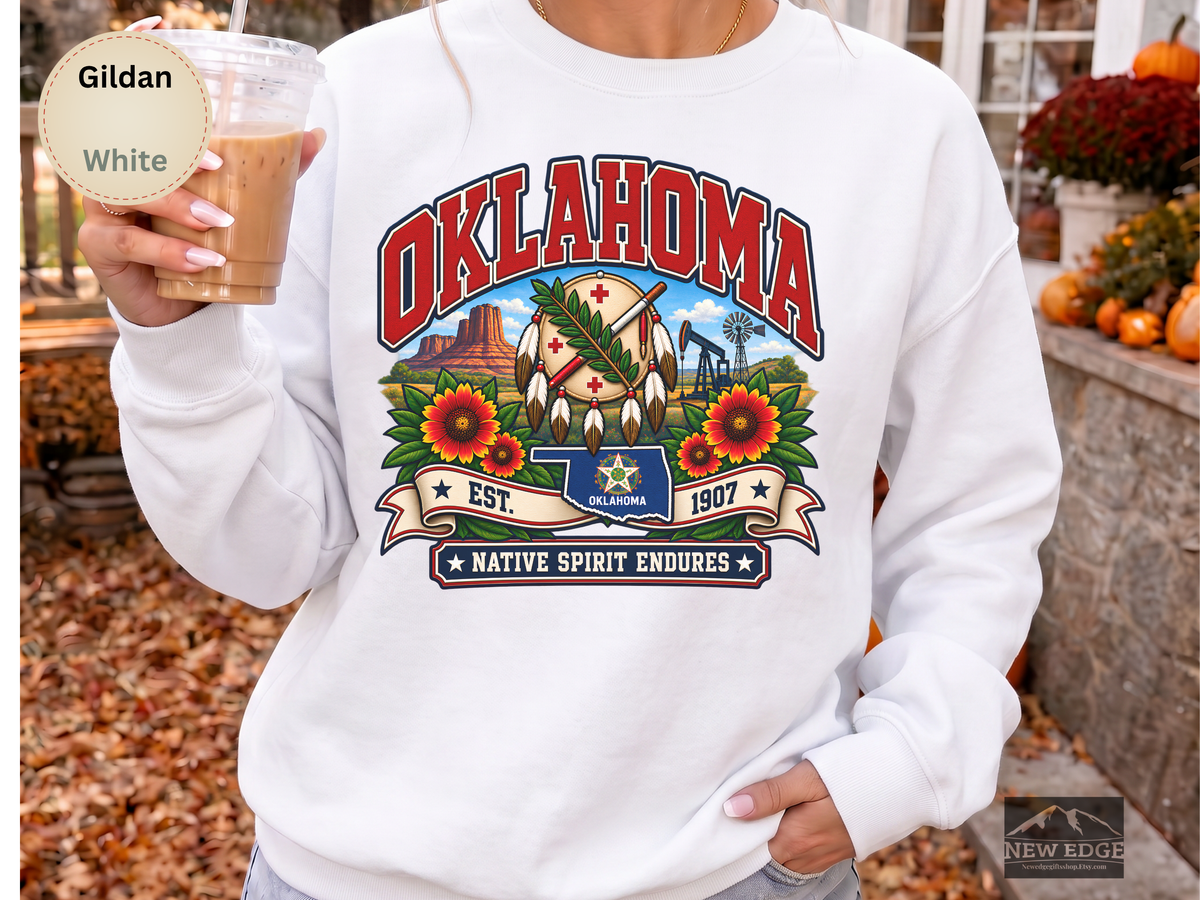 Oklahoma Prairie Pride Sweatshirt, Native Spirit Endures Vintage Gildan 18000, Gaillardia Flower State Heritage Crewneck