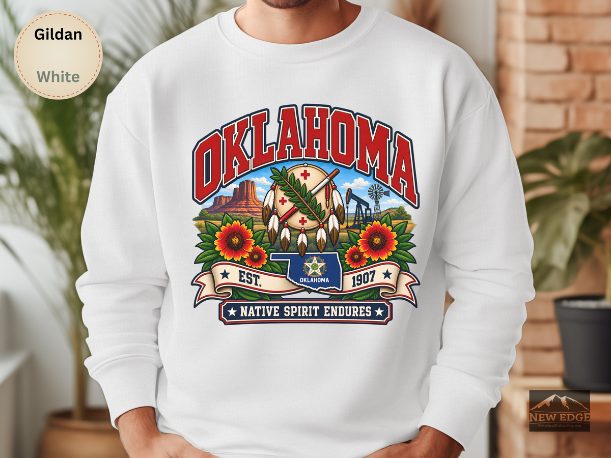Oklahoma Prairie Pride Sweatshirt, Native Spirit Endures Vintage Gildan 18000, Gaillardia Flower State Heritage Crewneck