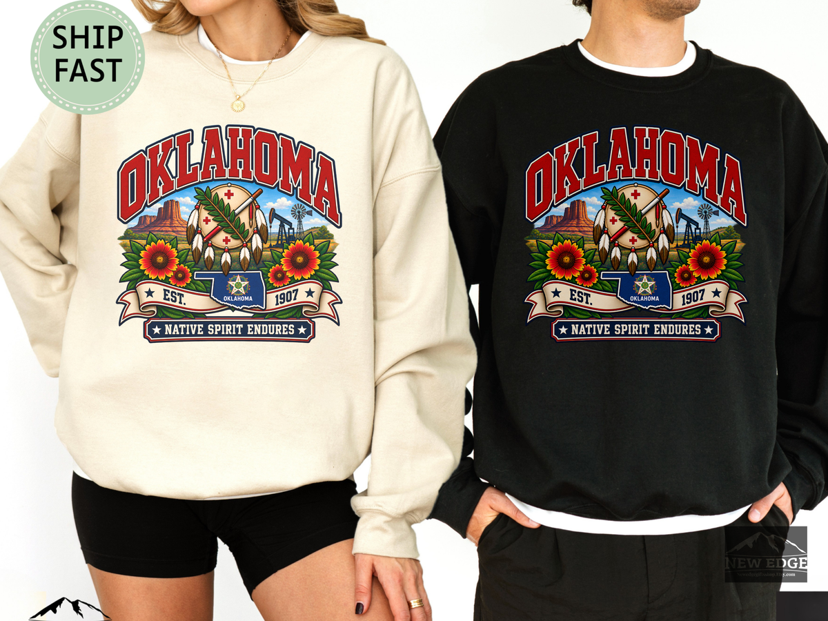 Oklahoma Prairie Pride Sweatshirt, Native Spirit Endures Vintage Gildan 18000, Gaillardia Flower State Heritage Crewneck