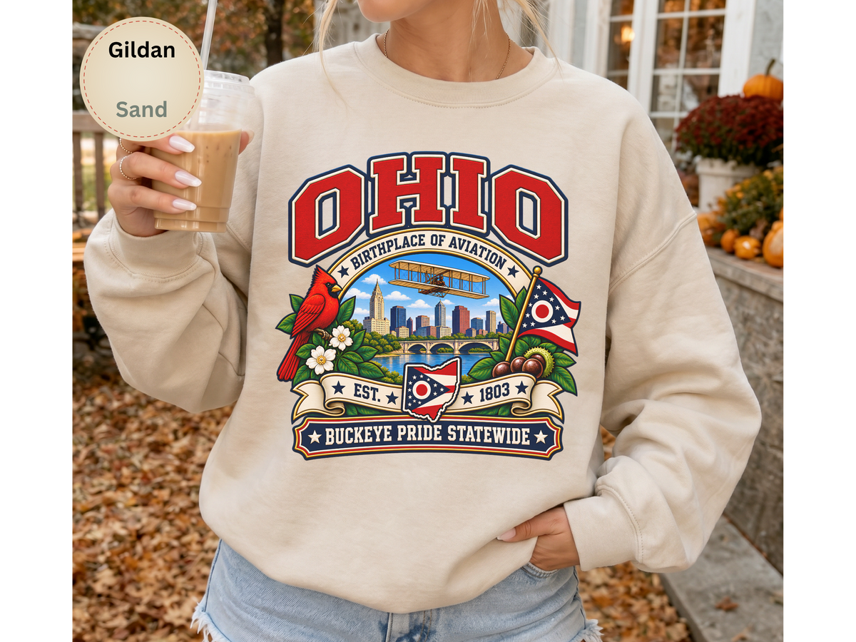 Ohio Aviation Heritage Sweatshirt, Vintage Buckeye State Pride Gildan 18000, Wright Flyer Columbus Skyline Cardinal