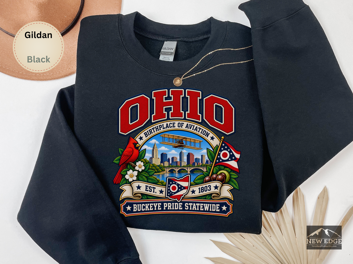 Ohio Aviation Heritage Sweatshirt, Vintage Buckeye State Pride Gildan 18000, Wright Flyer Columbus Skyline Cardinal