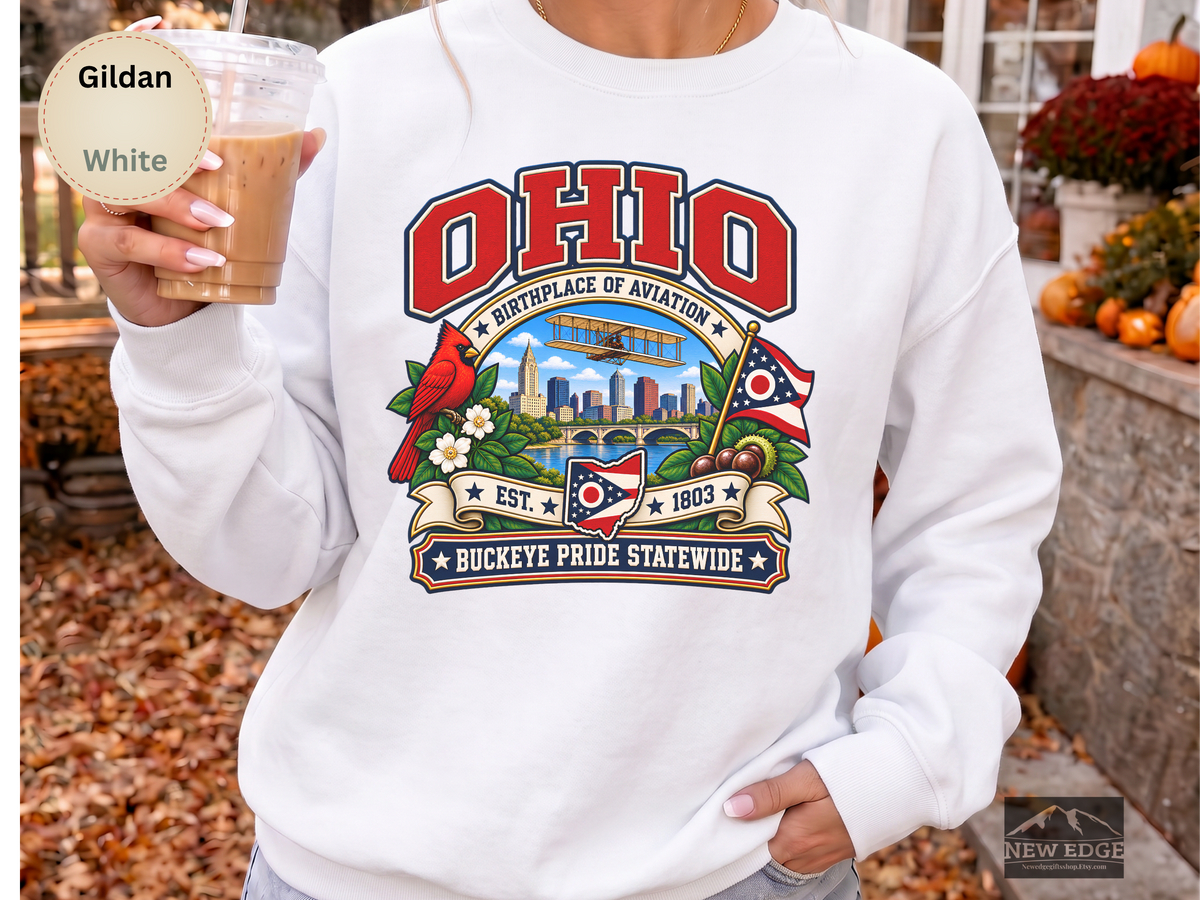 Ohio Aviation Heritage Sweatshirt, Vintage Buckeye State Pride Gildan 18000, Wright Flyer Columbus Skyline Cardinal