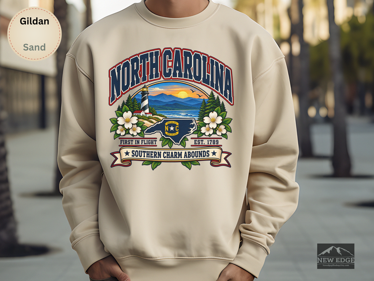 North Carolina Southern Charm Sweatshirt, Blue Ridge Mountains Lighthouse State Pride Gildan 18000 Crewneck