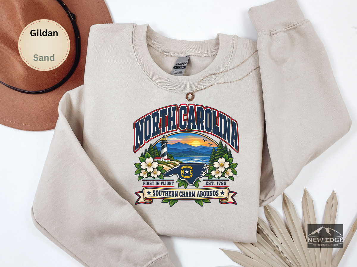 North Carolina Southern Charm Sweatshirt, Blue Ridge Mountains Lighthouse State Pride Gildan 18000 Crewneck