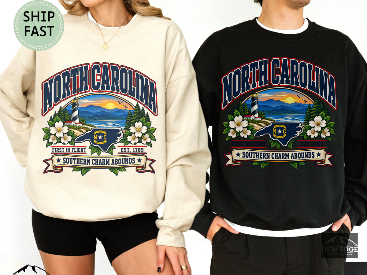 North Carolina Southern Charm Sweatshirt, Blue Ridge Mountains Lighthouse State Pride Gildan 18000 Crewneck