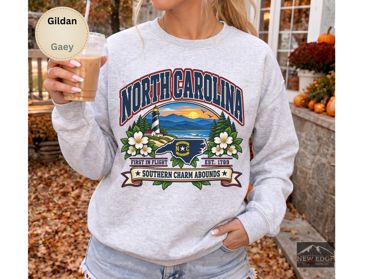 North Carolina Southern Charm Sweatshirt, Blue Ridge Mountains Lighthouse State Pride Gildan 18000 Crewneck