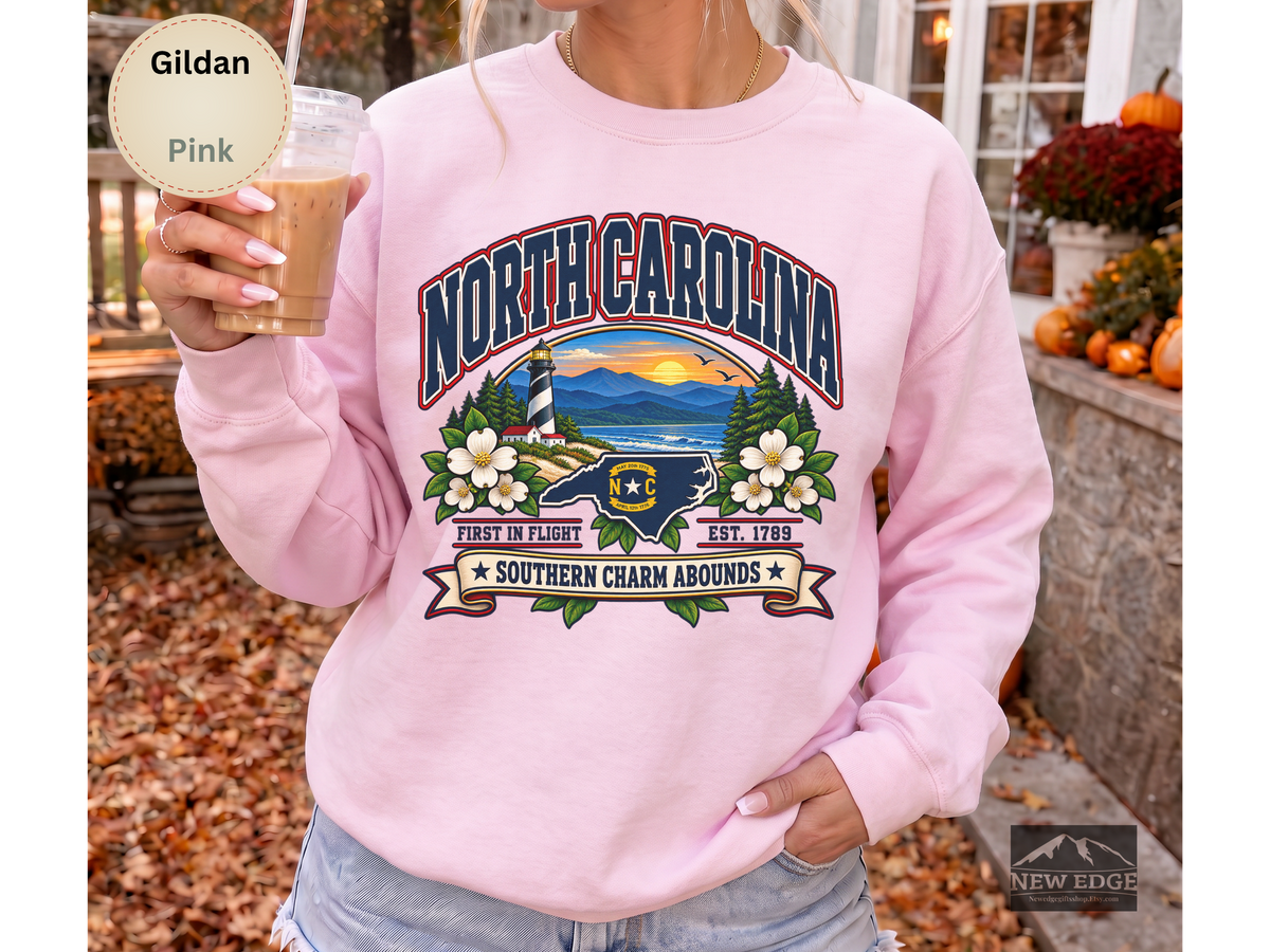 North Carolina Southern Charm Sweatshirt, Blue Ridge Mountains Lighthouse State Pride Gildan 18000 Crewneck
