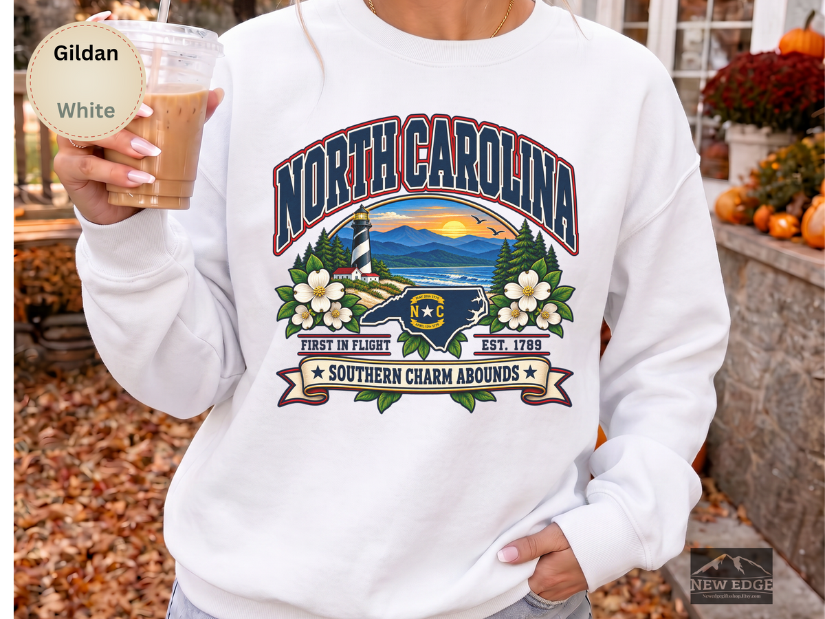 North Carolina Southern Charm Sweatshirt, Blue Ridge Mountains Lighthouse State Pride Gildan 18000 Crewneck