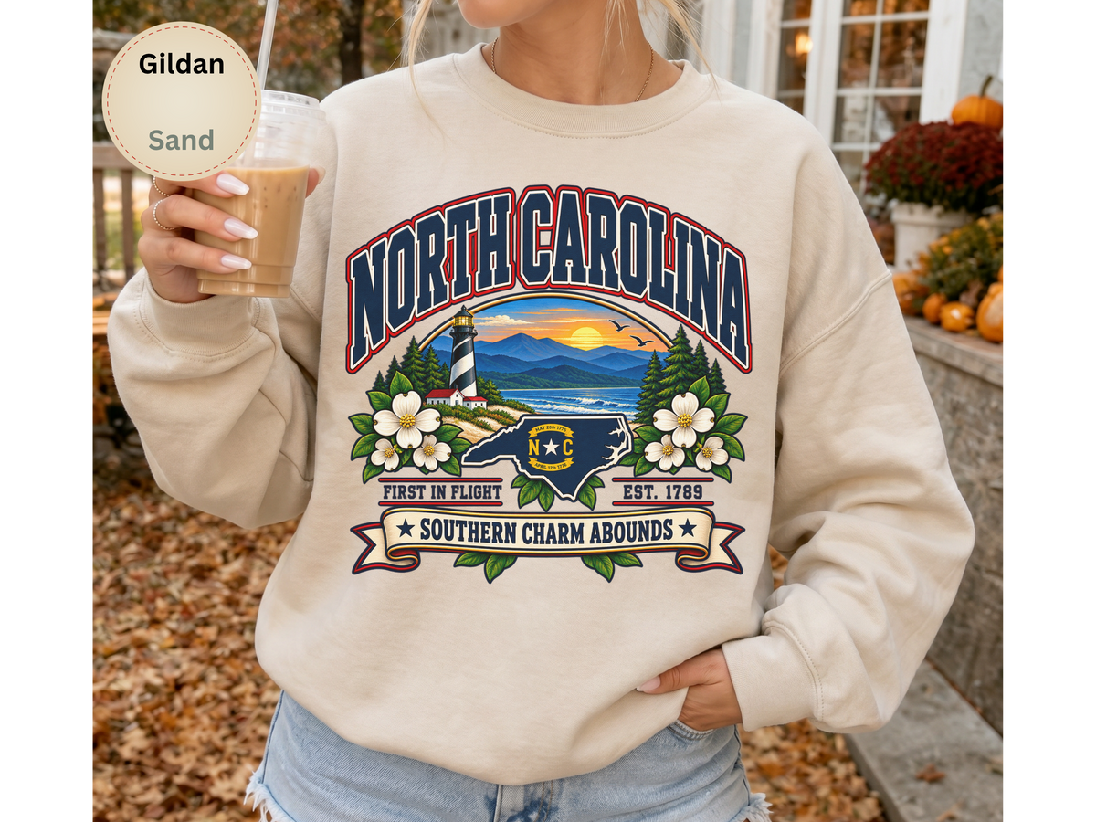 North Carolina Southern Charm Sweatshirt, Blue Ridge Mountains Lighthouse State Pride Gildan 18000 Crewneck